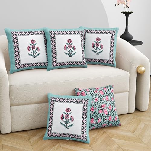 Image of BLOCKS OF INDIA Hand Block Printed Cotton Linen Cushion Cover (16 x 16 inches) (SEA Green Motifs)