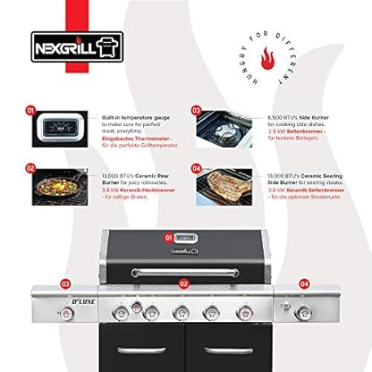 Nexgrill Deluxe 5B Gasgrill I 5 + 2 Brenner Gas Grill mit Edelstahl-Seitenkocher & Infrarot Seitenbrenner I Grillwagen mit Pro Touch Gusseisen-Grillrost & Keramik Backburner – Bild 3