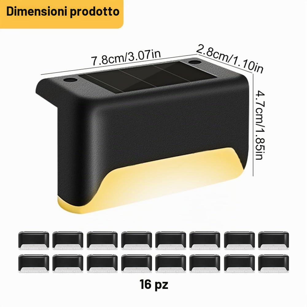 16 Pezzi Luci Solari per Esterni, Luci a LED Impermeabili, Luci Solari Da Giardino per Scale Esterne, Gradini, Recinzioni, Cortili, Patio, Grondaia, Sentiero, Decorazione (Nero, Bianco Caldo)