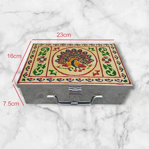 Image of Stainless Steel Storage Box, Cash Box, Pooja Peti, Organizer, Vanity Storage Box, Jewellery Safe Bank Locker, Cash Box With Handicrafts Digital Meena Kari Design (Silver, 9 Inch)