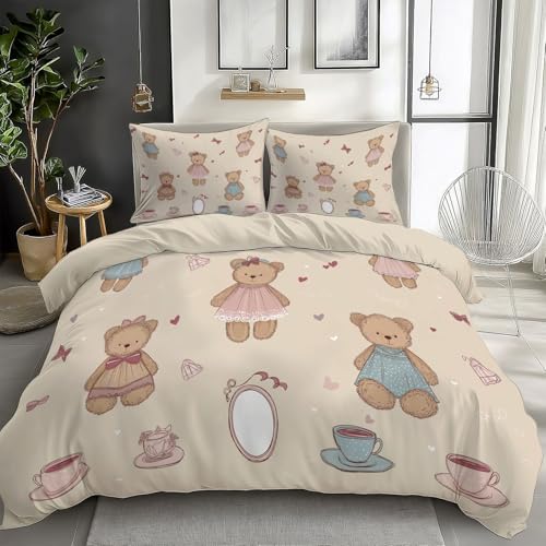 Poupée Cartoon Housse de Couette 140 x 200 cm Ours Teddy Décoration Parure de Lit Enfants Garçons Filles en Microfibre avec Fermeture Éclair Beige Linge de...