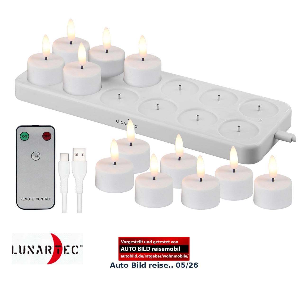 Lunartec aufladbare Teelichter: 12er-Set LED-Akku-Teelichter mit USB-Ladestation, Fernbedienung, Timer (wiederaufladbare, Kerzen, Flamme)