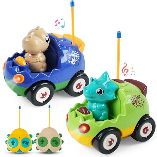 Image of 2-Pack RC Dinosaur Cars for Kids - Remote Control Dinosaur Toy Cars with Music and Lights, Birthday Gift Toy for Boys Ages 2 3 4 5 Year Old and Toddlers 18+ Months
