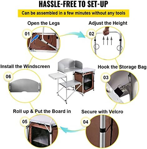 VBENLEM Camping Kitchen Cabinet Camping Cooking Table Foldable with Wind Protection and 1 Zip Pocket Camping Cabinet Brown