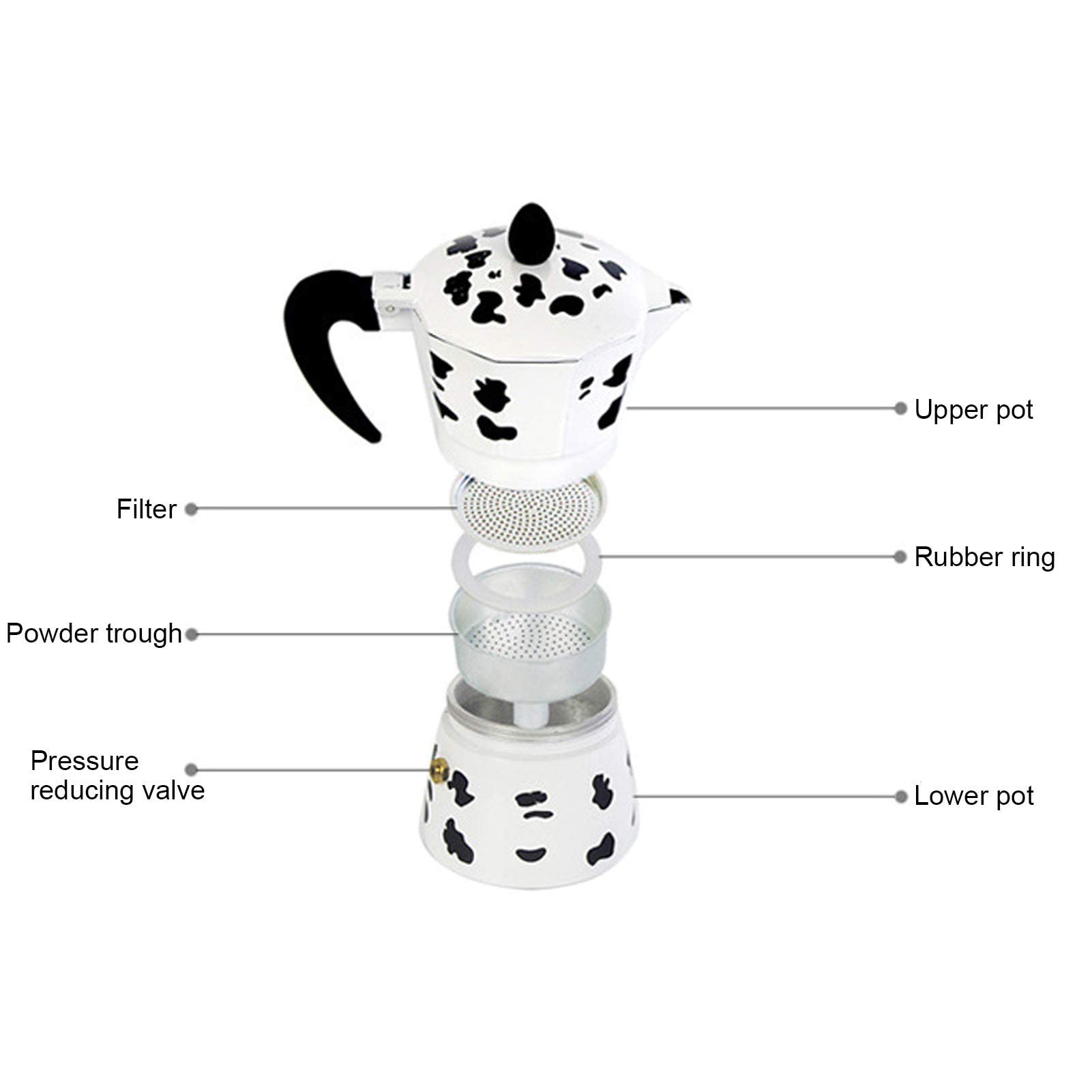 Cafetera Moka para el hogar, hervidor de mano concentrado, color vaca leche con aluminio italiano, para hervir hervidos, estufas italianas, expreso y ollas moka (3 tazas color vaca 150 ml)