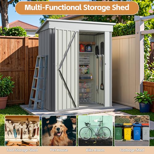 Image of Greesum 5x3 FT Outdoor Storage Shed, Metal Storaged Sheds Without Floor, Tool Sheds with Lockable Doors and Slooping Roof for Garden, Patio, Backyard, Gray