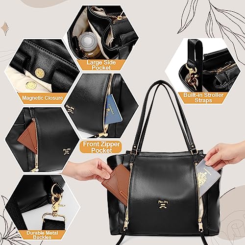miss fong Diaper Bag Tote Leather Diaper Bag Backpack,Large Capacity Mommy Bag Hospital Bag,12 Pockets Travel Diaper Tote with Changing Pad,Stroller Straps & Insulated Pockets for Mom & Dad-Black - Thumbnail 3