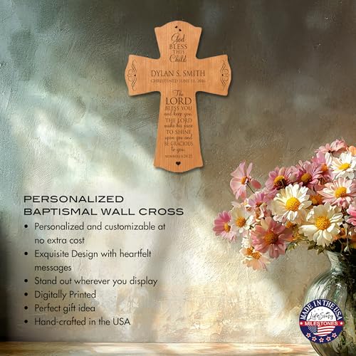 Image of LifeSong Milestones Personalized Baptism 1st Holy Communion Christening Wall Cross Decoration God Bless This Child the Lord Bless You and Keeps You (8.5 inch x 11 inch, Cherry)