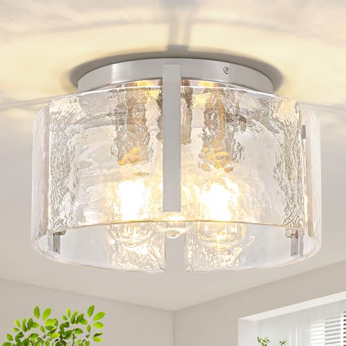 15'' Modern Brushed Nickel Semi Flush Mount Ceiling Light, Hallway Light Fixtures, 3-Light Glass...