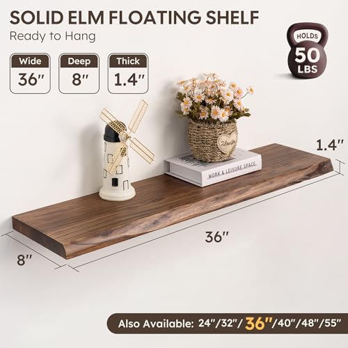 Image of 36 inch Live Edge Floating Shelves Set of 2, Solid Elm Wood, Vintage