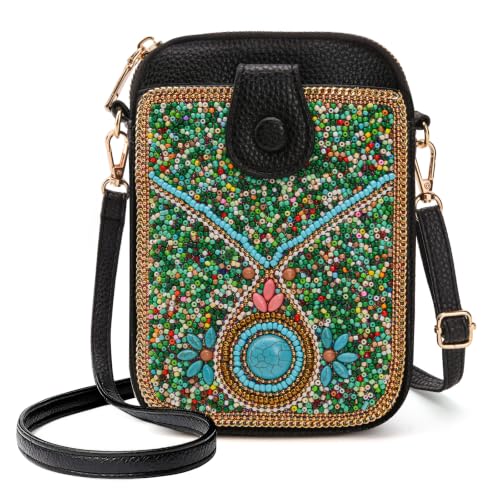 Image of Women's Small Crossbody Cell Phone Bag, Boho Colorful Beaded Purse Wallet with Handmade Cute Patterns