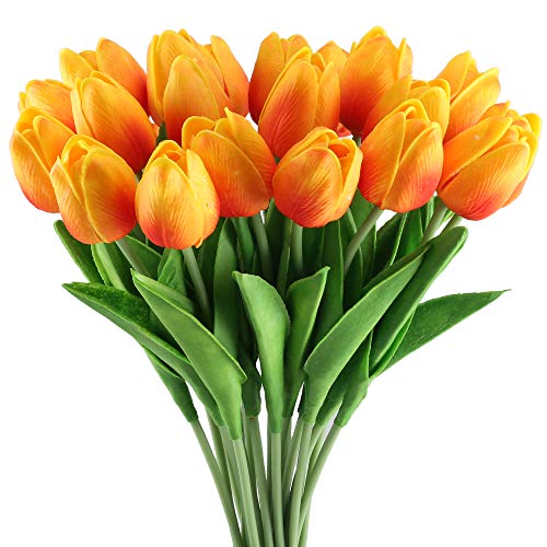 GTIDEA 20 Pack Artificial Tulip Flower Branch Latex Real Touch Fake Flores Wedding Bouquet Home Party Decor (Orange)