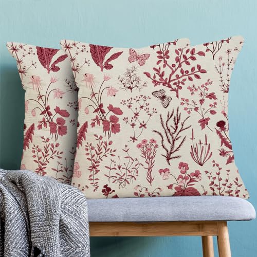 Image of Christmas Pillow Covers 18x18 Inch Set of 2,Burgundy Red Wild Flower Plant Throw Pillows Case,Seasonal Floral Outdoor Decorative Square Linen Farmhouse Decor Cushion Covers for Home Sofa bed Couch