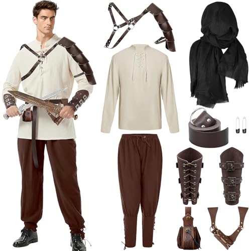 MALLOOM Ensemble de 8 Pièces Costume Médiéval Halloween pour Homme – Chemise Viking, Pantalon, Ceinture, Cape, Protège-Poignets et Sac pour Épée (M)