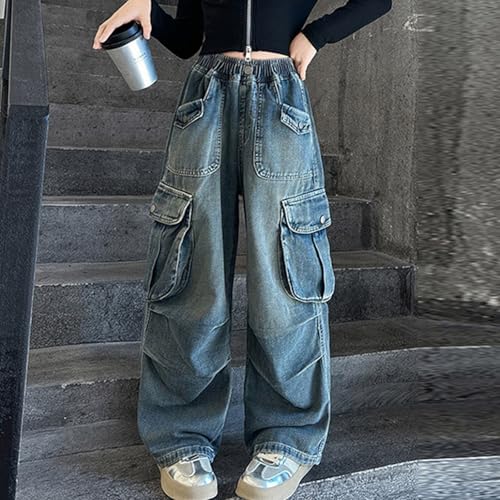 Girls Streetwear Denim Cargo Pants High Waist Floor Length Lounge Baggy Wide Leg Y2k Jeans with Multi Pockets 5-13 Years2