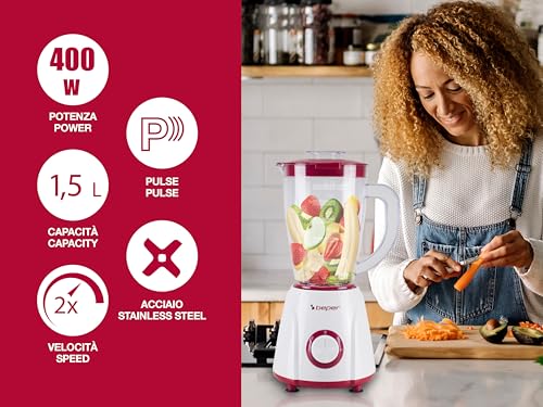 BEPER P102FRU501 Mixeur de table 1,5 L – 400 W, 4 lames en acier inoxydable, 2 vitesses + fonction Pulse, pichet gradué, couvercle avec trou, base antidérapante, idéal pour les crèmes et sauces – Image 3