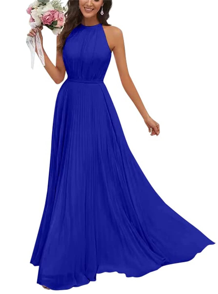 Wseyu Women's Royal Blue Halter Bridesmaid Dresses For Wedding Long A Line Chiffon Formal Evening Gown 2023 Uk12
