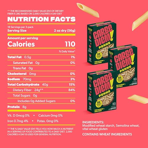 Carbe Diem!, Penne, Lower Net Carb Pasta with Traditional Flavor & Texture, 8 grams of Protein, 55% Fewer Net Carbs & Only 110 Calories Per Serving, Pack of 3