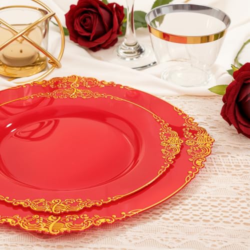 Nervure 100PCS Red and Gold Plastic Plates - 10.25inch Red Disposable Plates - Heavyweight Dinner Plate for Wedding & Party by Nervure - Used condition - US$50.34