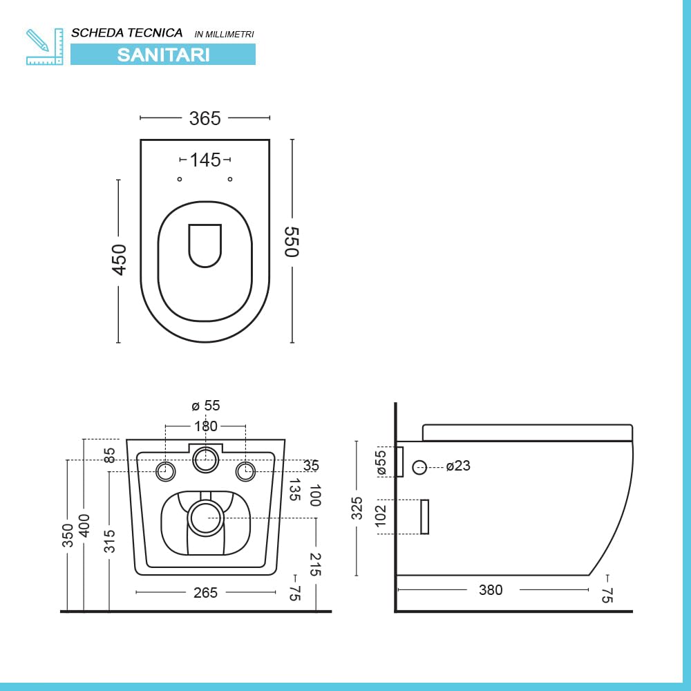 Set Sanitari Sospesi Rimless Ceramica Effetto Marmorizzato Bianco Linea Tokyo L 36 x P 55 x H 33 cm Sedile Soft-Close