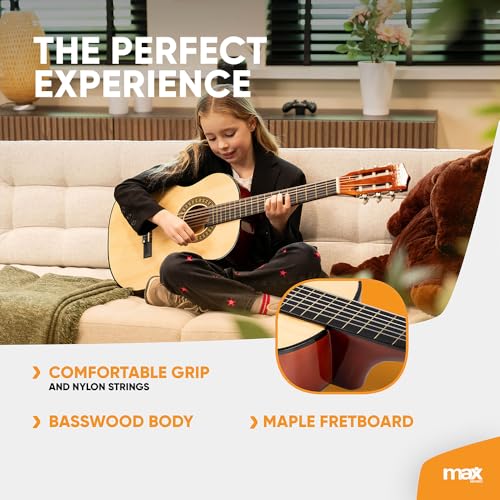 Image of MAX SoloArt Junior 3 /4 Classical Acoustic Guitar Kit for Kids (Ages 6-12 Years) | Premium Basswood Body Designed & Engineered in Netherlands | Includes Gig Bag, Guitar Strap, Extra Strings & Picks