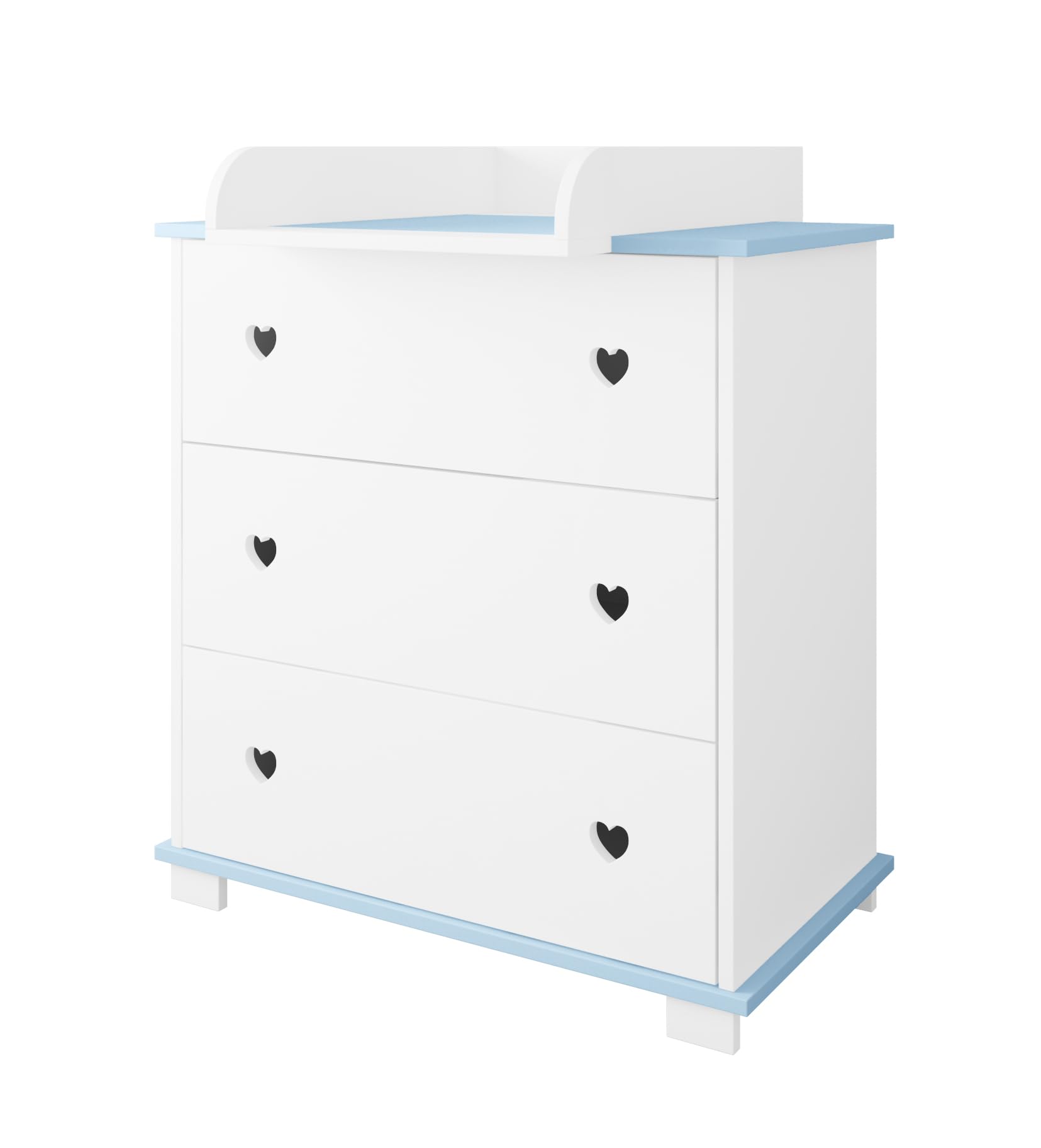 zee Set Cameretta Neonato Bianca Blu Lettino 120x60 2in1 Bella Con Cassetto e Sponda di Sicurezza + Cassettiera Fasciatoio CUORI Con Fasciatoio 3 Cassetti