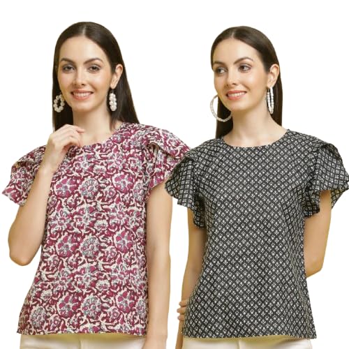 Image of Pinkmint Combo Top's for Women Stylish Ruffle Trim Petal Sleeve Tops (Pack of 2)