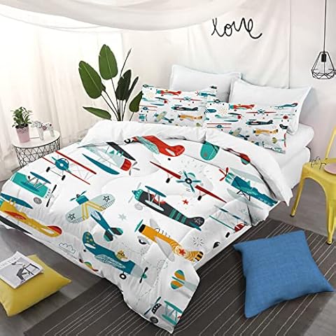 Yasida Aircraft Duvet Double Bedding Set Flying Airplane Print Microfiber Duvet Cover Cute Boys Girls Bedding Breathable 200x200cm Duvet Cover With 2 Pillowcases 50x75cm Bedding Decora Collection Cover
