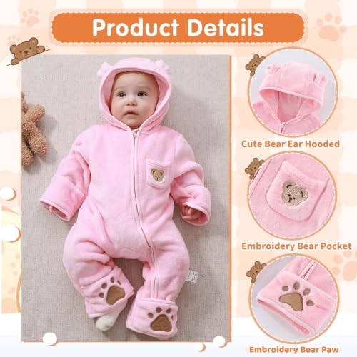 Image of Fairy Baby Newborn Baby Bear Outfit With Fold-Over Mittens Footies Thin Fleece Romper Hooded Jumpsuit Winter Coat Girls Boys