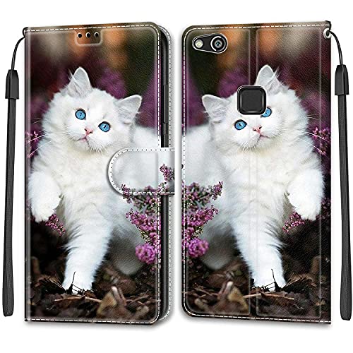 Feyten Cover per Huawei P10 Lite, Custodia in Pelle Huawei P10 Lite, Flip Custodia Pelle PU con [Magnetica][TPU Antiurto][Supporto Stand], Cover a Libro Portafoglio per Huawei P10 Lite (Gatto 2)
