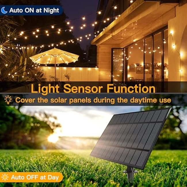 Ollny 110FT Solar String Lights for Outside, Waterproof Remote Control Dimmable Timers 3Modes Outdoor Light with 50 LED + 2 Spare Shatterproof Bulb, G40 Hanging Lights for Patio Pool House Garage