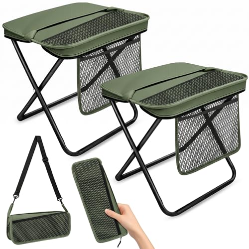 Image of 2 Pcs XL Foldable Backpack Stool for Adults, 14.2 inch Wide Seat & Knee-Friendly Folding Stool Pocket Chair, Portable Chairs, Heavy Duty Collapsible Camping Seat for Fishing Travel - Green