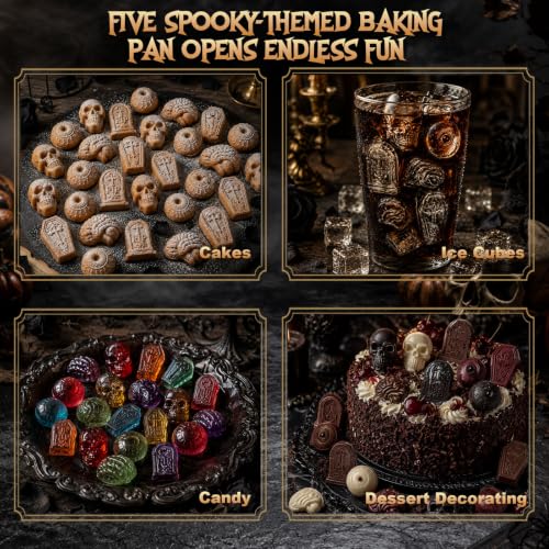 Image of HKNMTT Skull Candy Chocolate Cake Pan 5-Shapes Halloween Silicone Mold | Skull Eyeball Tombstone Coffin Brain Mold 25-Cavity for Candy Gummy Chololate Jello Ice Cubes Muffin Non-Stick Food Grade