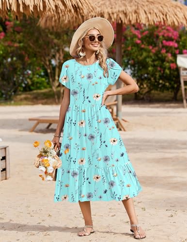 Image of Zeagoo Women Summer Midi A Line Dress Short Sleeve Casual Flowy Tiered Beach Long Sundress with Pockets 2026 Vacation Travel