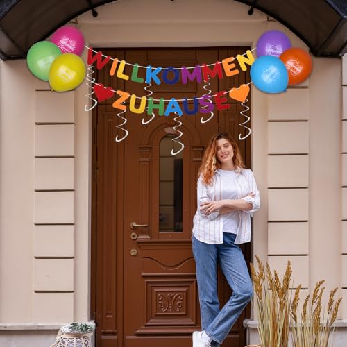 Willkommen Zuhause Banner Dekoration,10 StüCk Welcome Home Wiederverwendung Luftballons,Herzlich Willkommen Girlande,6 StüCk HäNgende Spiralen Grlande Luftschlangen,Familientreffen Party