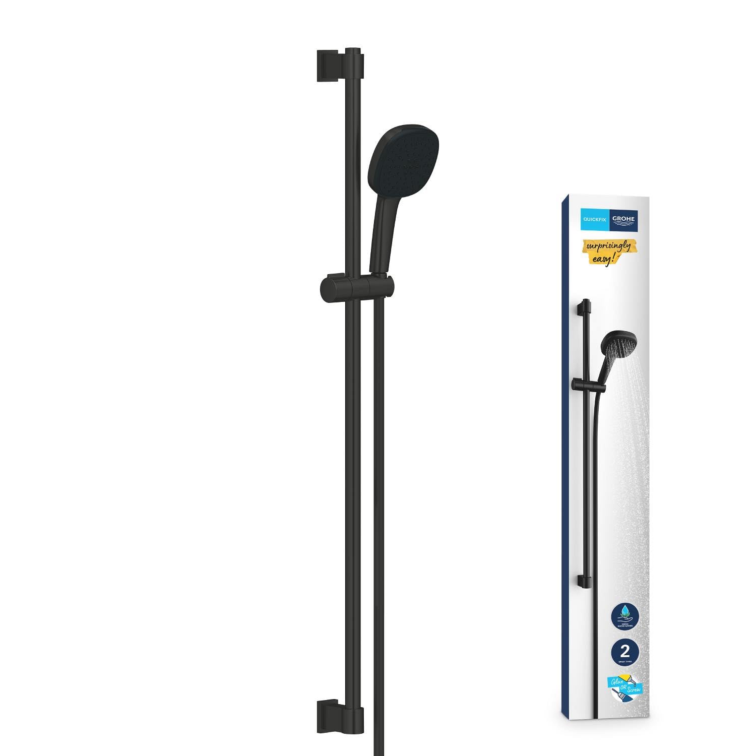 GROHE Vitalio Comfort 110 QuickFix - Set doccia (Doccino Doccia quadrata 11 cm, 2 getti, flessibile doccia da 1,75 m, asta da 90 cm, facile da installare con GROHE QuickGlue), nero opaco, 269302431