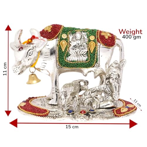 Image of KridayKraft Kamdhenu Cow,Calf with Bal Gopal Krishna Metal Statue for Good Luck,Feng Shui As Table Top Figurine,Vastu,Religious Gau MATA Idol Home,Office&Table Decorative,Animal