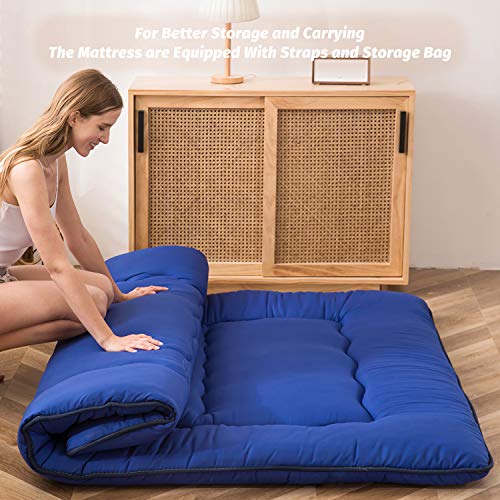 Image of MAXYOYO Japanese Floor Mattress Futon Mattress, Thicken Sleeping Pad Foldable Roll Up Floor Futon for Adults Tatami Mat Dormitory Couch Lounger, Royal Blue, Full Size