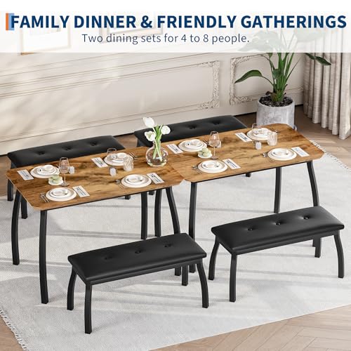 Garvee 43'' Dining Table with 2 Upholstered Benches, Industrial Dining Table Set with Heavy Duty Metal Frame, 3-Piece Kitchen Furniture for Small Spaces, Studio, Restaurant, Home, Retro