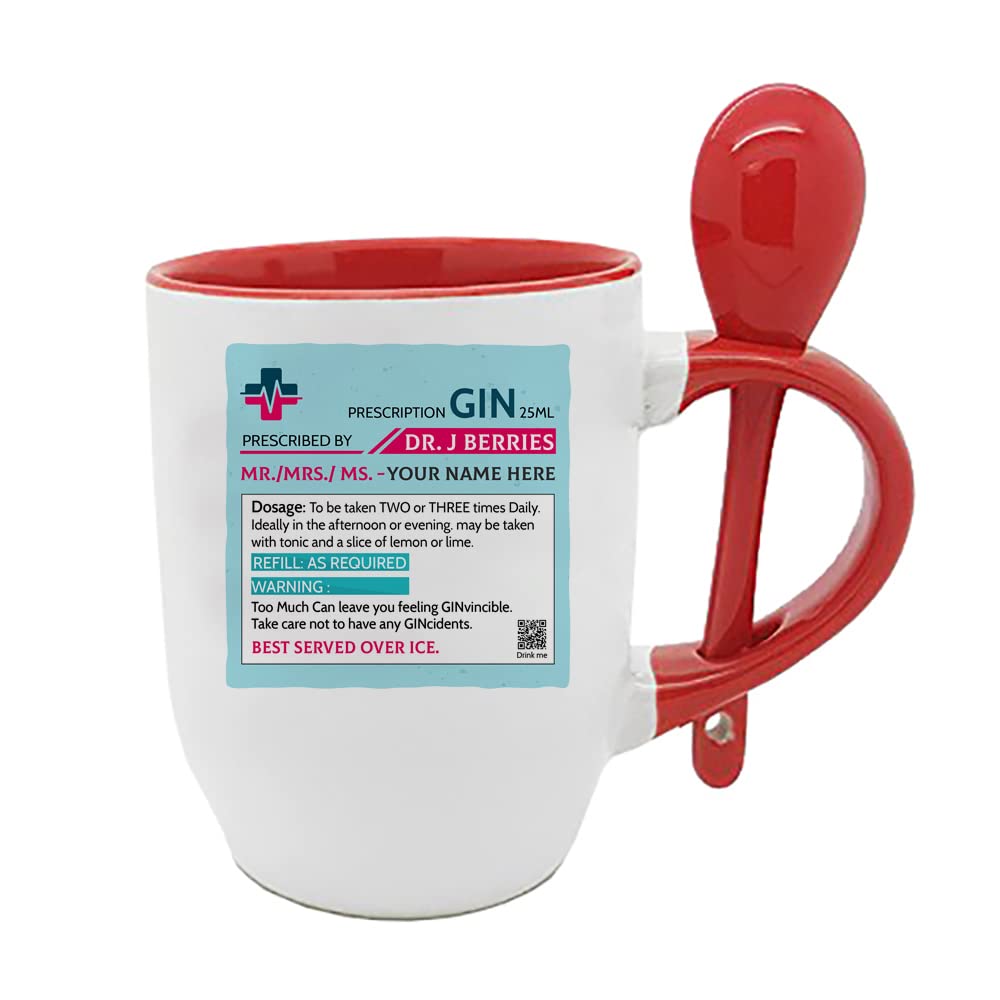 Getagift Personalised Name Gin Prescription Inside Coloured with Spoon Coffee Mug. (Red)