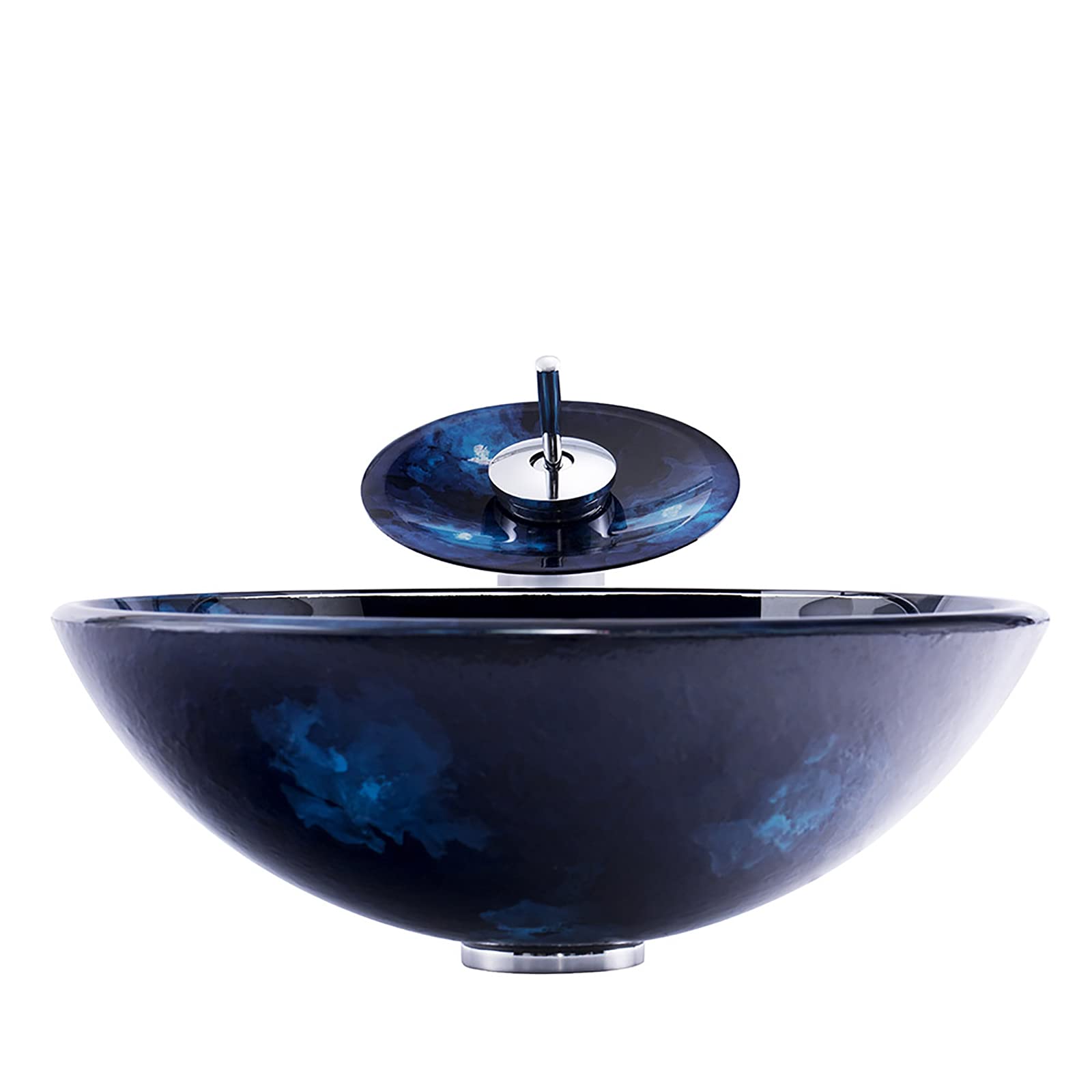Lavabo de baño Lavabo de Recipiente de Vidrio Templado Lavabo Redondo Lavabo de encimera Lavabo de encimera Lavabo de Arte con Grifo de Cascada, desagüe emergente
