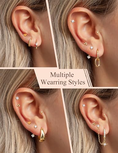 BESTEEL 13Pairs Small Hoop Earrings for Women - Hypoallergenic 14K Gold Plated Stud Huggie Earings Stacks Set for Multiple Piercing Dainty Non Tarnish Cartilage Jewelry Pack Trendy Lightweight Gift4
