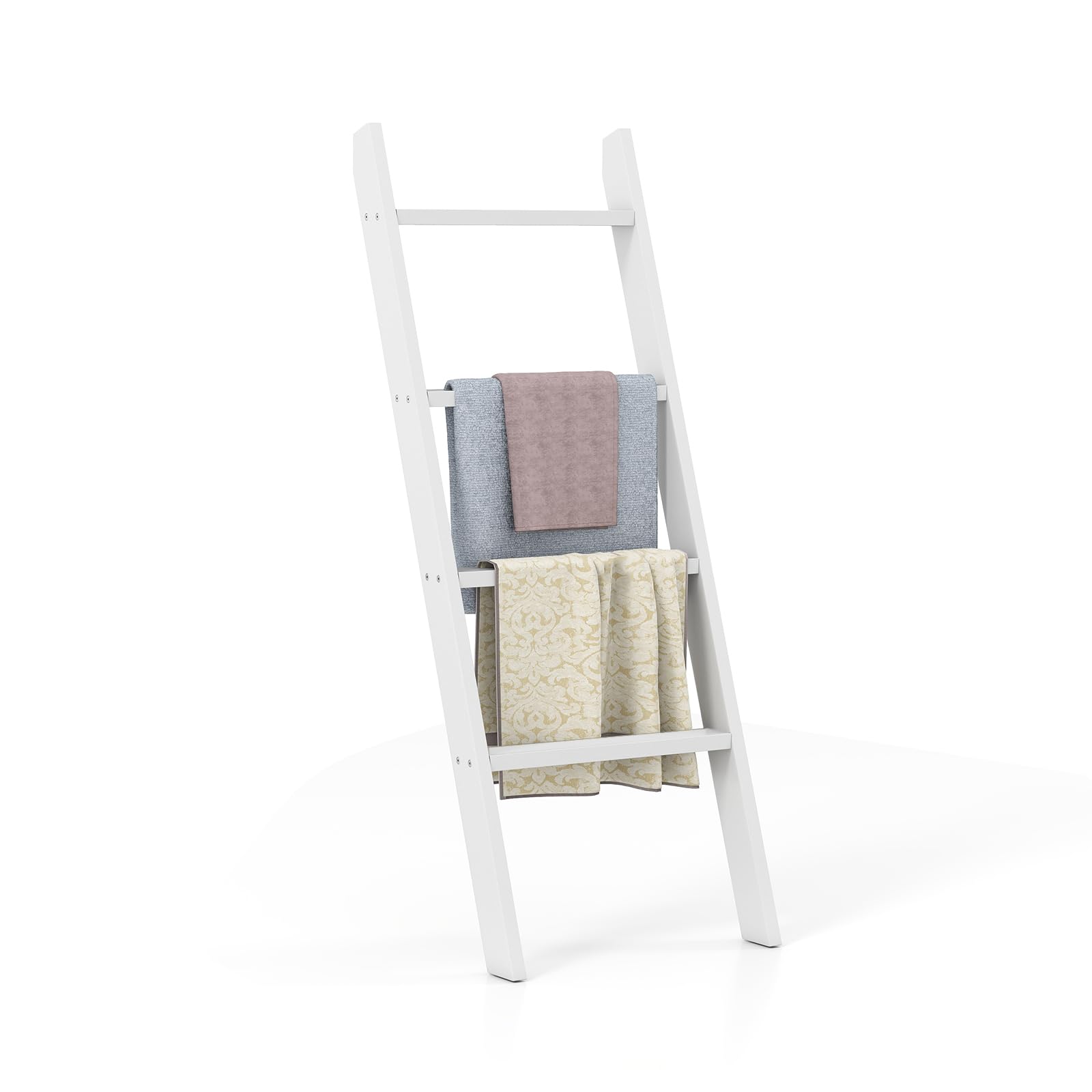 COSTWAY Wooden Blanket Ladder, 4-Tier Towel Ladder Shelf, Wall Leaning Blanket Towel Rack Holder Decorative Storage Shelving Unit for Bathroom Living Room (White)