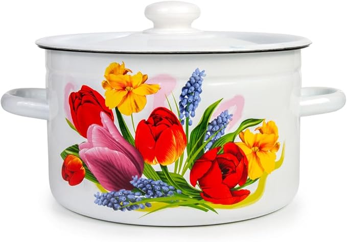 Enamel Pot with Enamel Lid, Enamel Cooking Pot, Soup Pot, Enameled Steel Stock Pot, Enamel Casserole set, Induction Safe, Dishwasher Safe (Lavender Bouquet, 4.8 Qt)