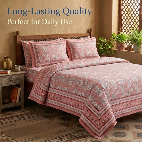 Image of Mafatlal 144 TC Pure 100% Cotton Double Bed Sheet with 2 Pillow Covers | 90 x 108 inches | Bedcover for Queen Size Bed, Jaipuri Prints | Peach Nude