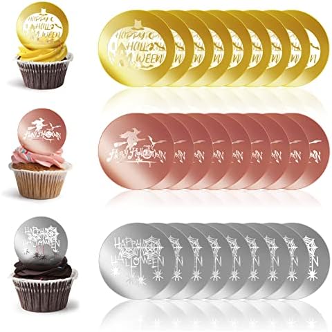 30Pcs Cake Disc Toppers Mirror, Acrylic Double-Sided Glitter Cupcake Toppers Happy Halloween Round Engraved Topper Charms for Birthday Party DIY Cupcake Decoration Cover
