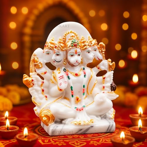 Image of Resin Hanuman Ji Murti Panchmukhi Hanuman for Door Entrance Temple Home & Office Decor Living Room Decoration Gift for New House Warming ceramony, 12.7 x 6.3 Cm, Marble White