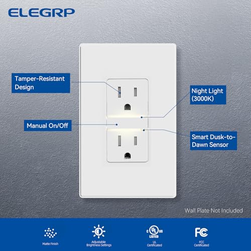 Image of ELEGRP Decorative Outlet Night Light, Electrical Wall Outlets with Built in Led Guidelight 3000K, Tamper Resistant Receptacle, 15 Amp 125 Volt, Matte White, 1 Pack