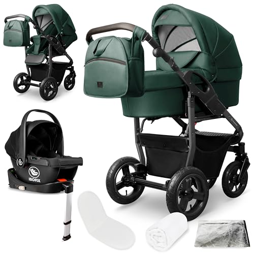 Bergsteiger Capri Kombikinderwagen 4-in-1 – Babywanne, Sportsitz, i-Size Babyschale & Isofix-Station, Luftreifen, höhenverstellbar, faltbar, Zubehör