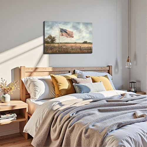Image of Framed Vintage American Flag Field Wall Art, Patriotic Rustic Canvas Art Pictures, USA Flag Wall Decor for Living Room Farmhouse Garage, Ready to Hang Made in USA